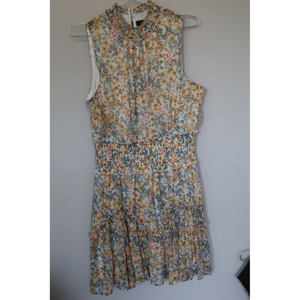 1.STATE Womens Smocked High Neck Floral Ruffle Tiered Mini Dress Yellow Blue L - Picture 2 of 7